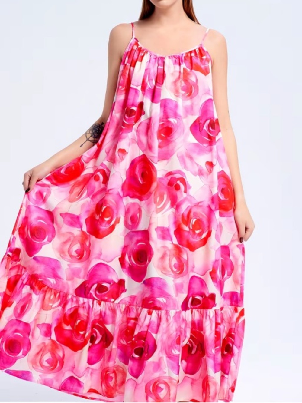 Flowy Pink & Red Floral Maxi Dress